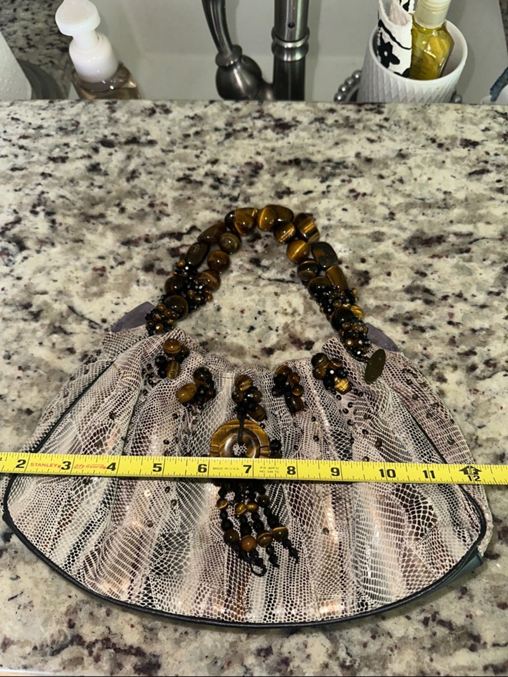 Mary Frances Tiger eye and snake skin Beaded Lace Statement Clutch EUC